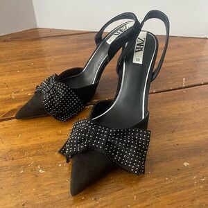 Zara Black Slingback Stiletto Heels Stuffed Bow Size 38 Pointed Toe